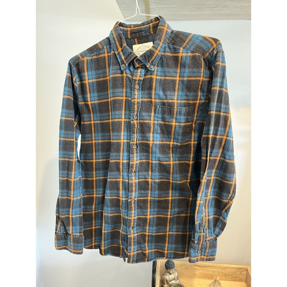 St. John's Bay Mens Flannel Shirt Blue Orange Plaid L Gorpcore Lumberjack Cotton